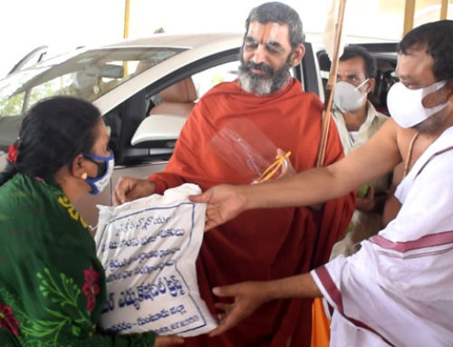 HH Swamiji distributes dry groceries to the needy at Vijaya Kiladri