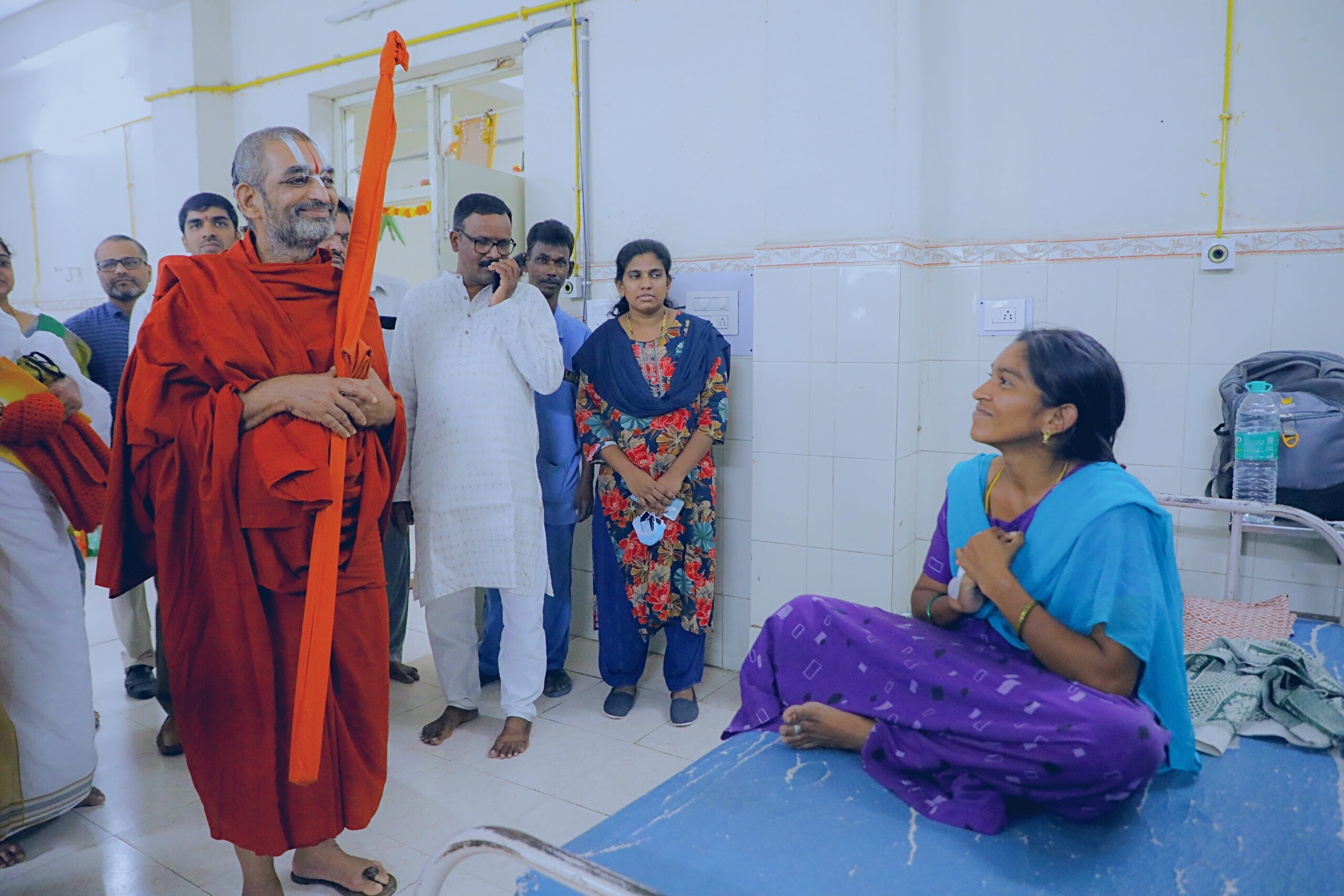 H.H. Chinna Jeeyar Swamiji visiting a patient at the renovated hospital ward